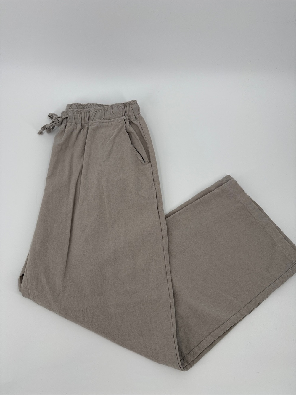 Cotton Wide Leg Drawstring Pants in Taupe